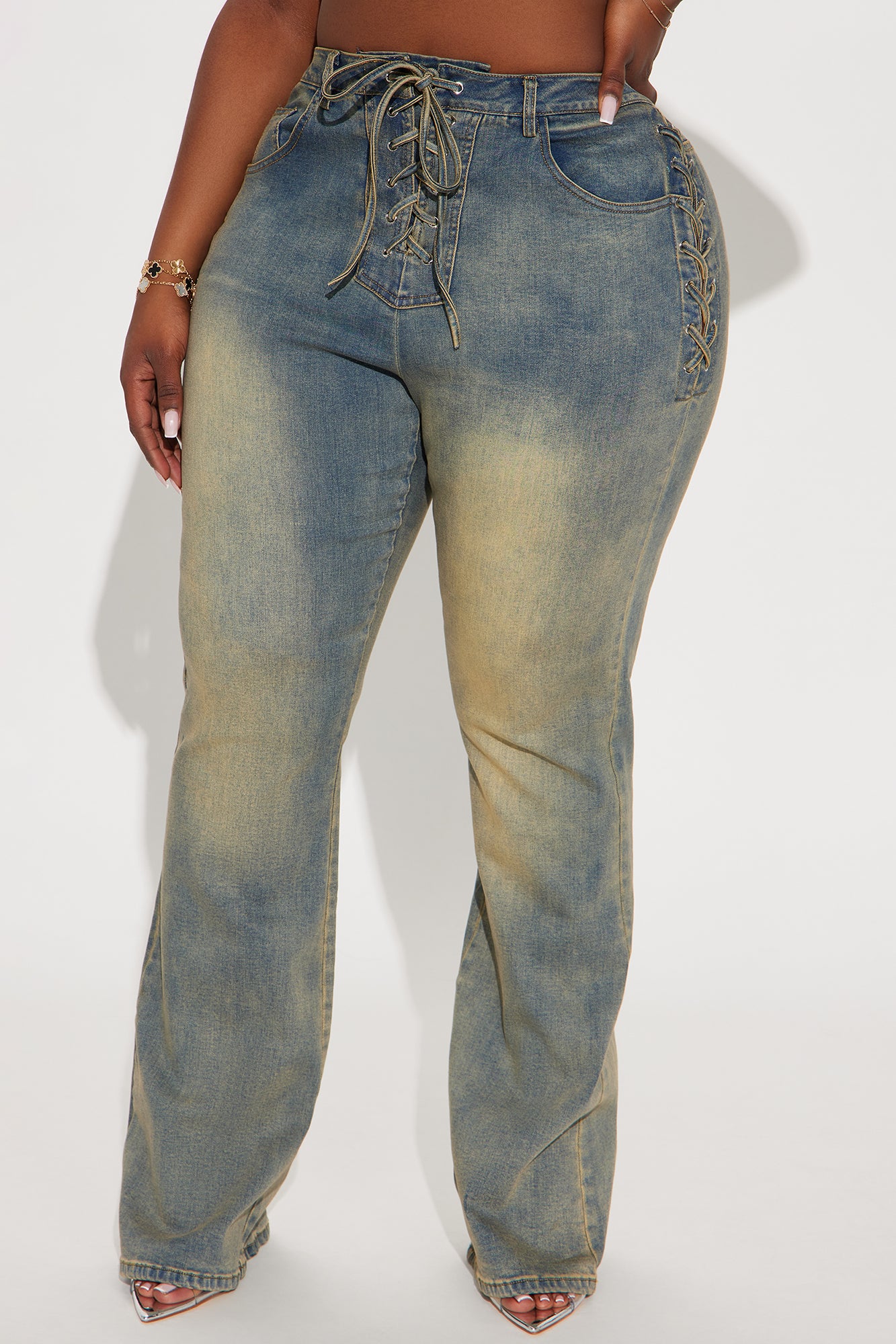 Out In The Town Lace Up Stretch Flare Jeans - Vintage Wash - Image 6