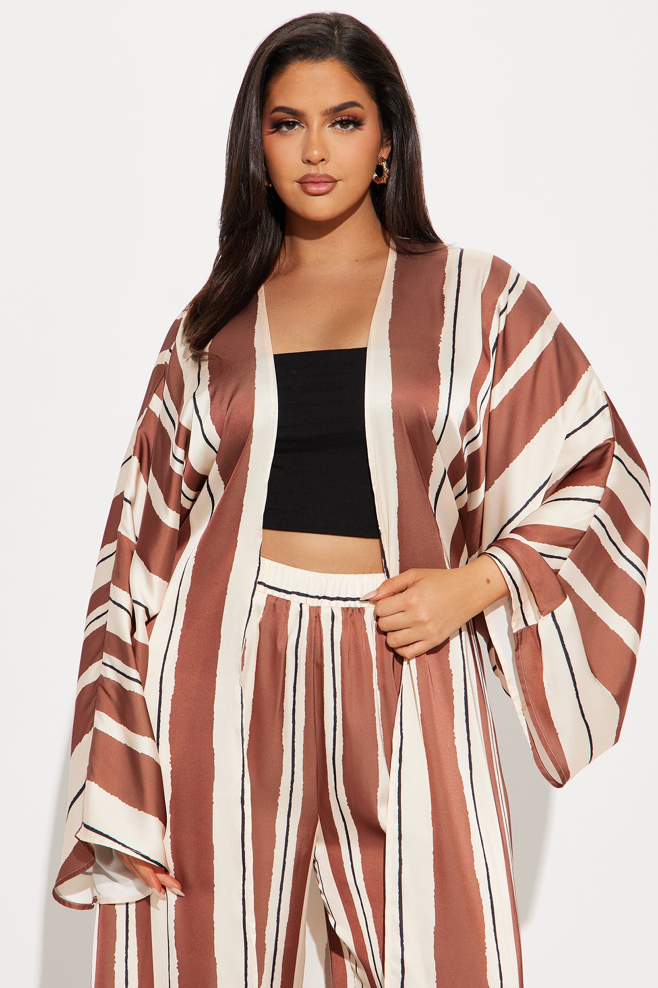 Alonna Satin Kimino Pant Set - Brown/combo - Image 5