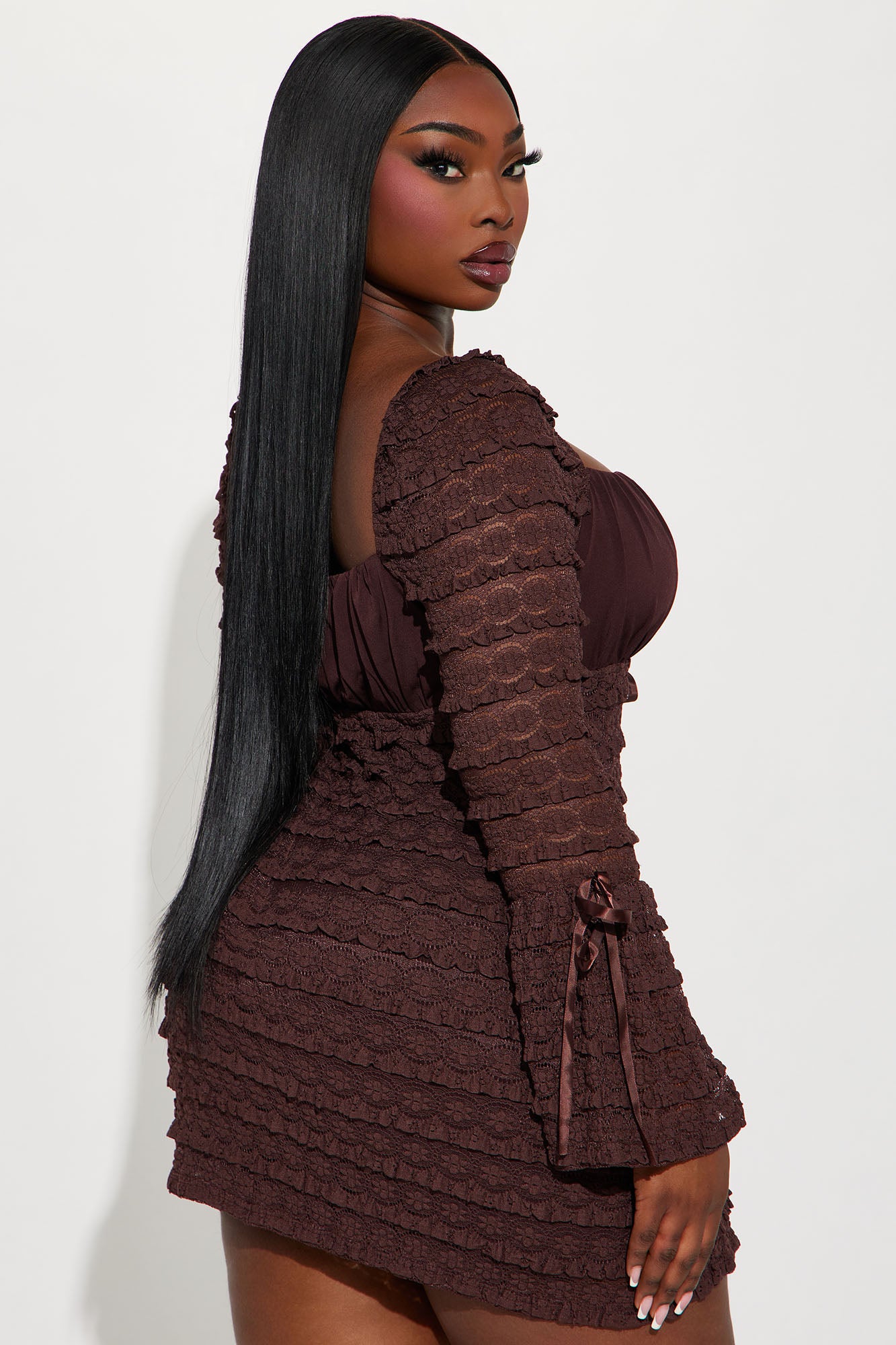 Espresso Lace Mini Dress - Brown - Image 6
