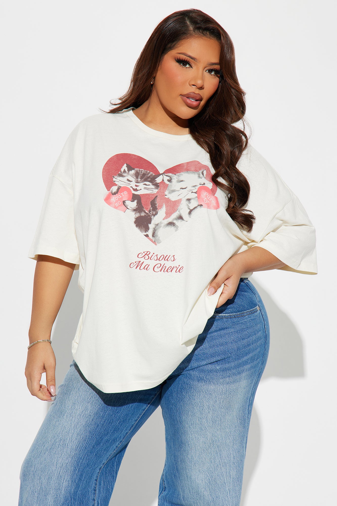 Bisous Mon Cherie Kittens Oversized Tee - White - Image 4
