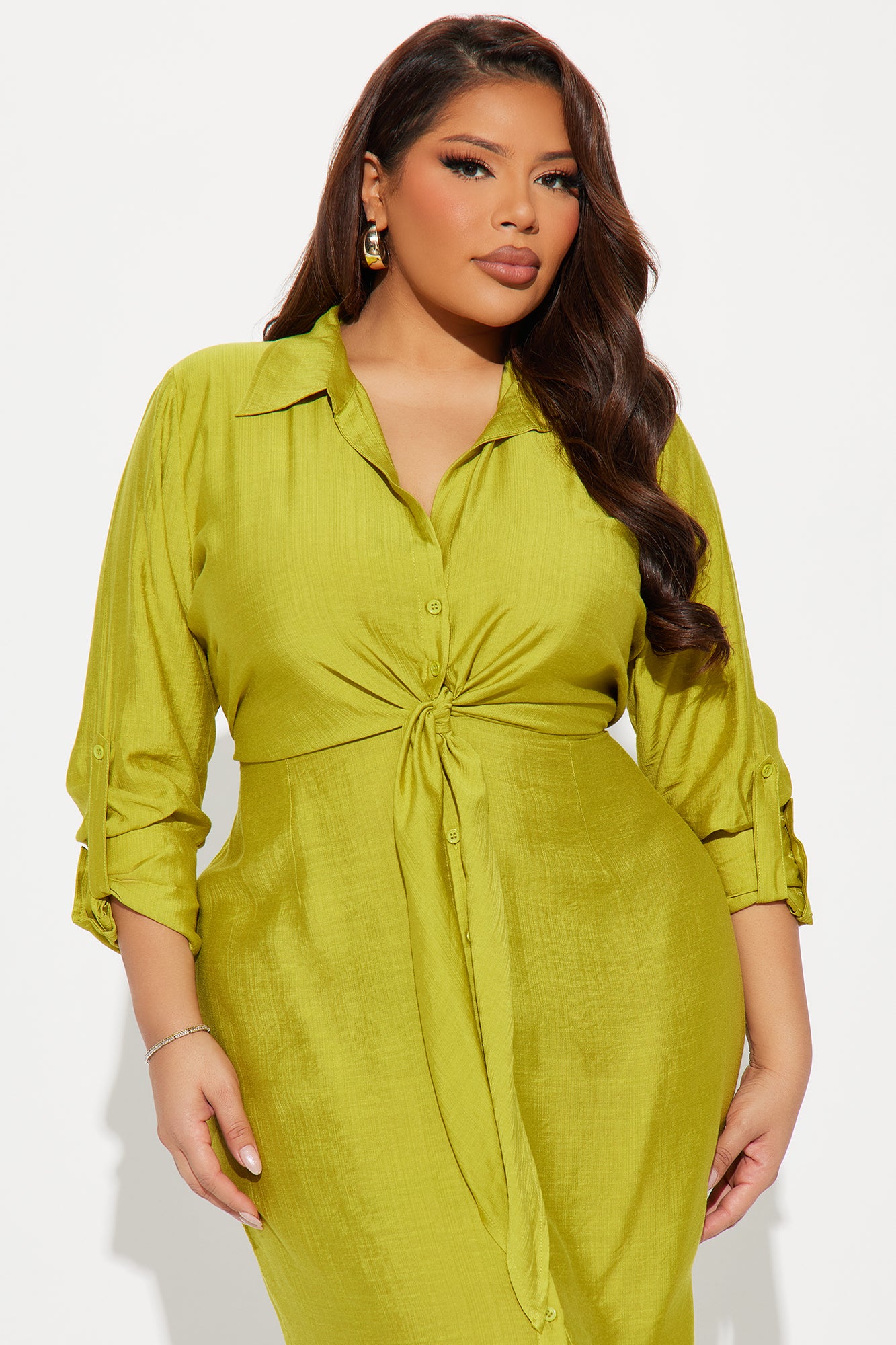 Board Meeting Linen Shirt Midi Dress - Chartreuse - Image 5