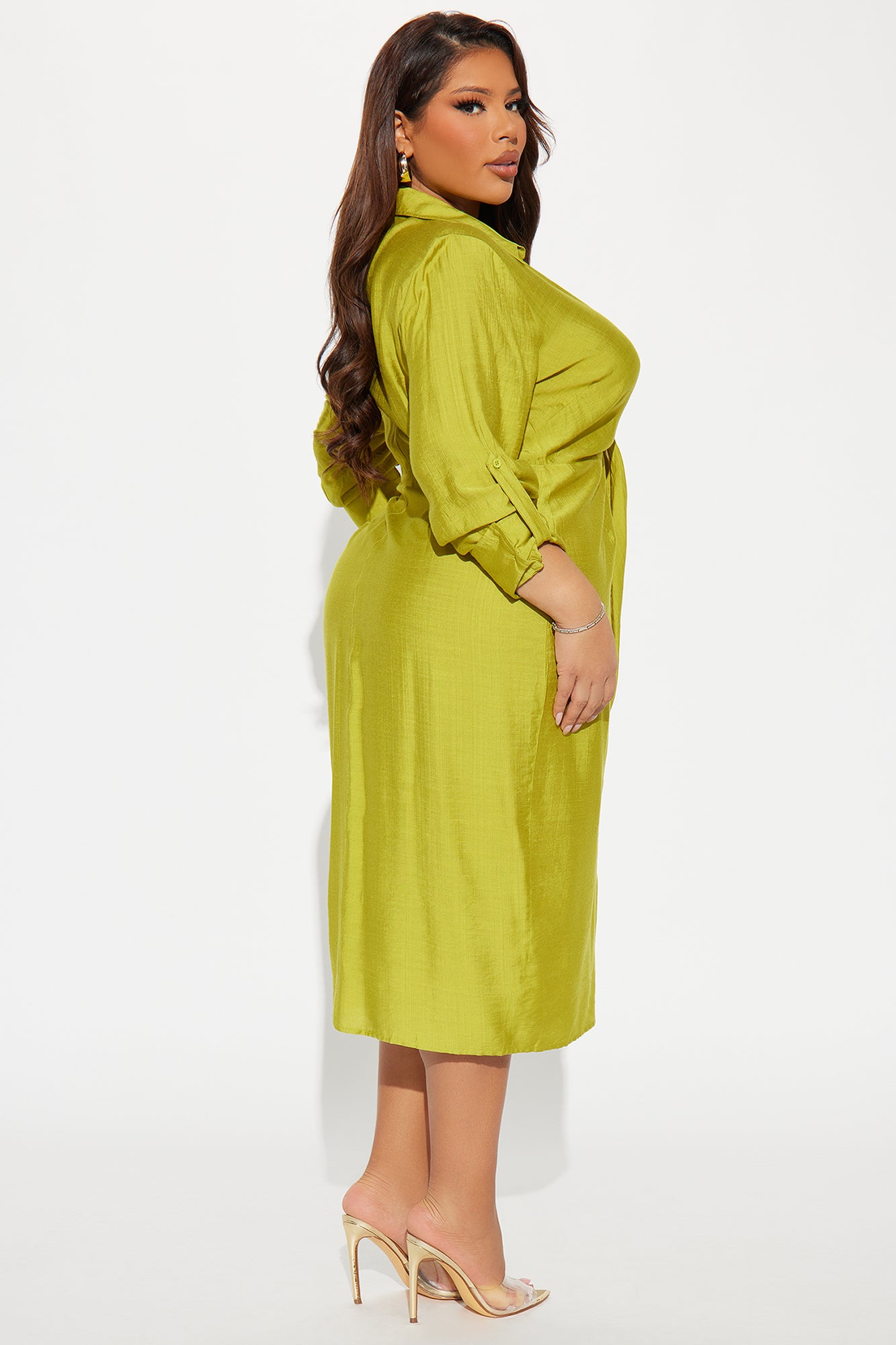 Board Meeting Linen Shirt Midi Dress - Chartreuse - Image 6