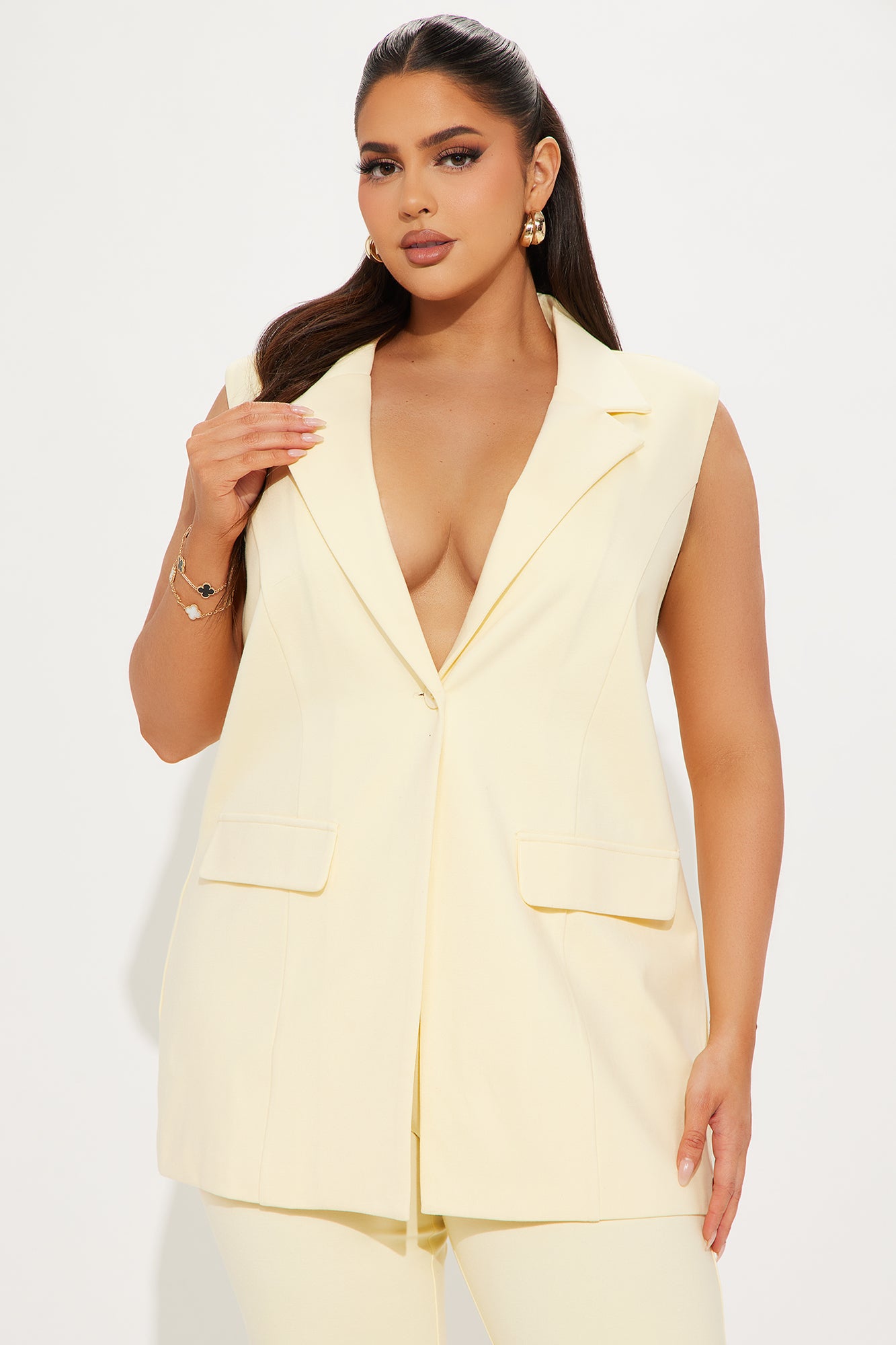 The Mia Double Lined Ponte Long Vest Pant Set - Butter Yellow - Image 5