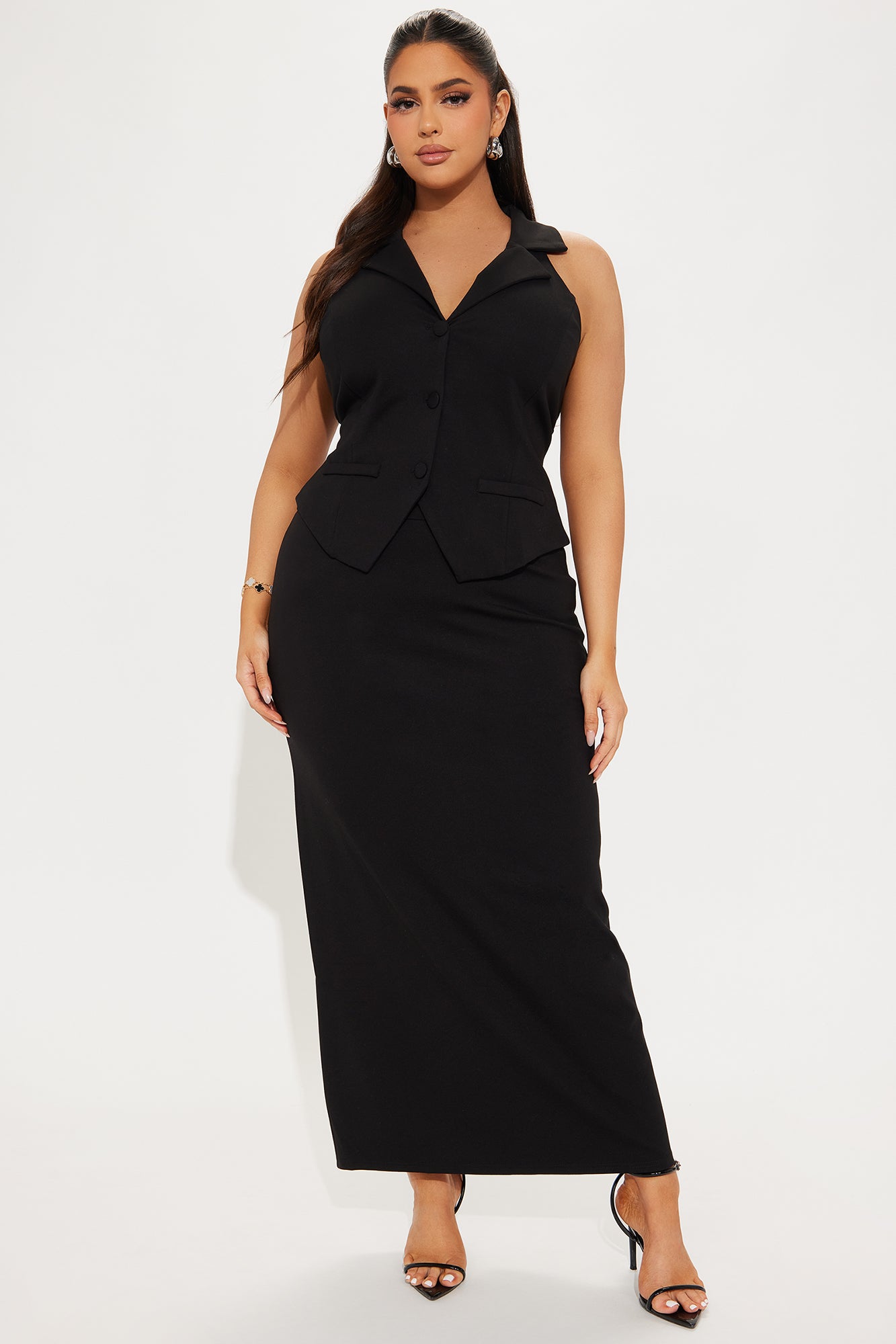 The Mia Double Lined Ponte Halter Vest Skirt Set - Black - Image 5
