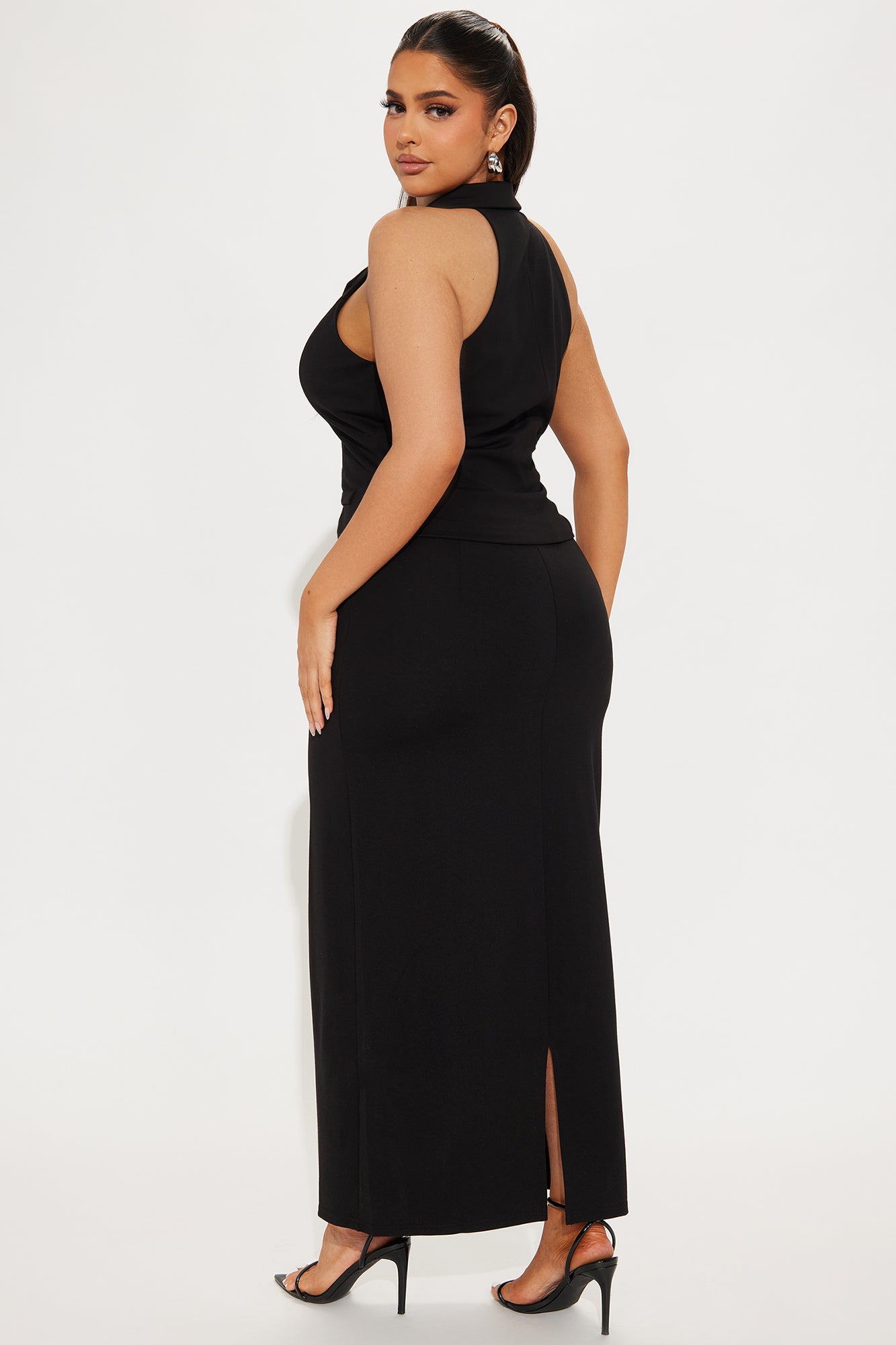 The Mia Double Lined Ponte Halter Vest Skirt Set - Black - Image 7