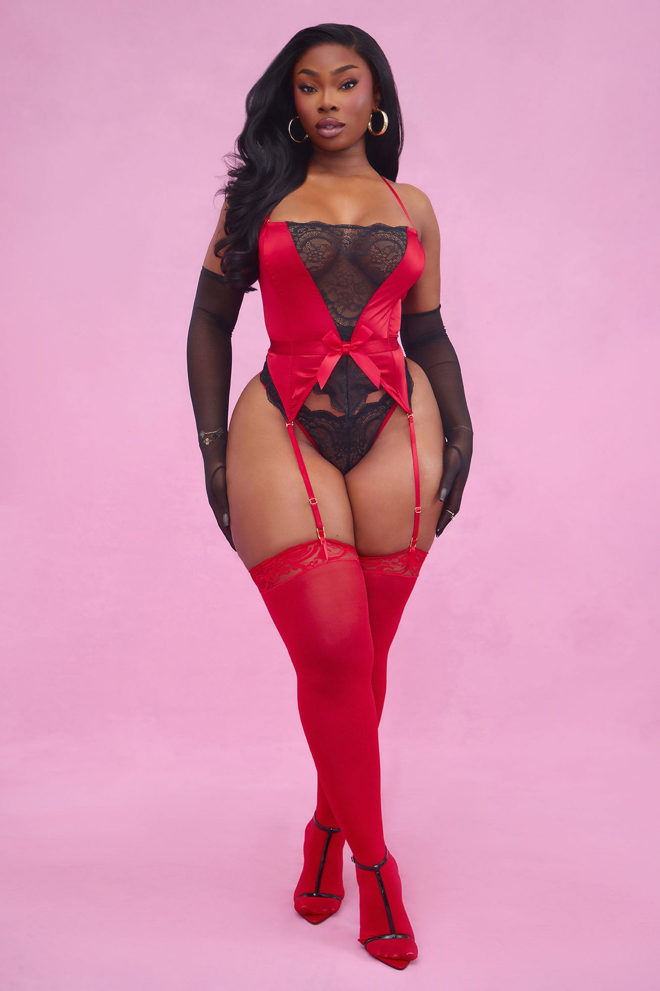 Hot And Unbothered Satin Lace Bustier 2 Piece Garter Set - Red - Image 5