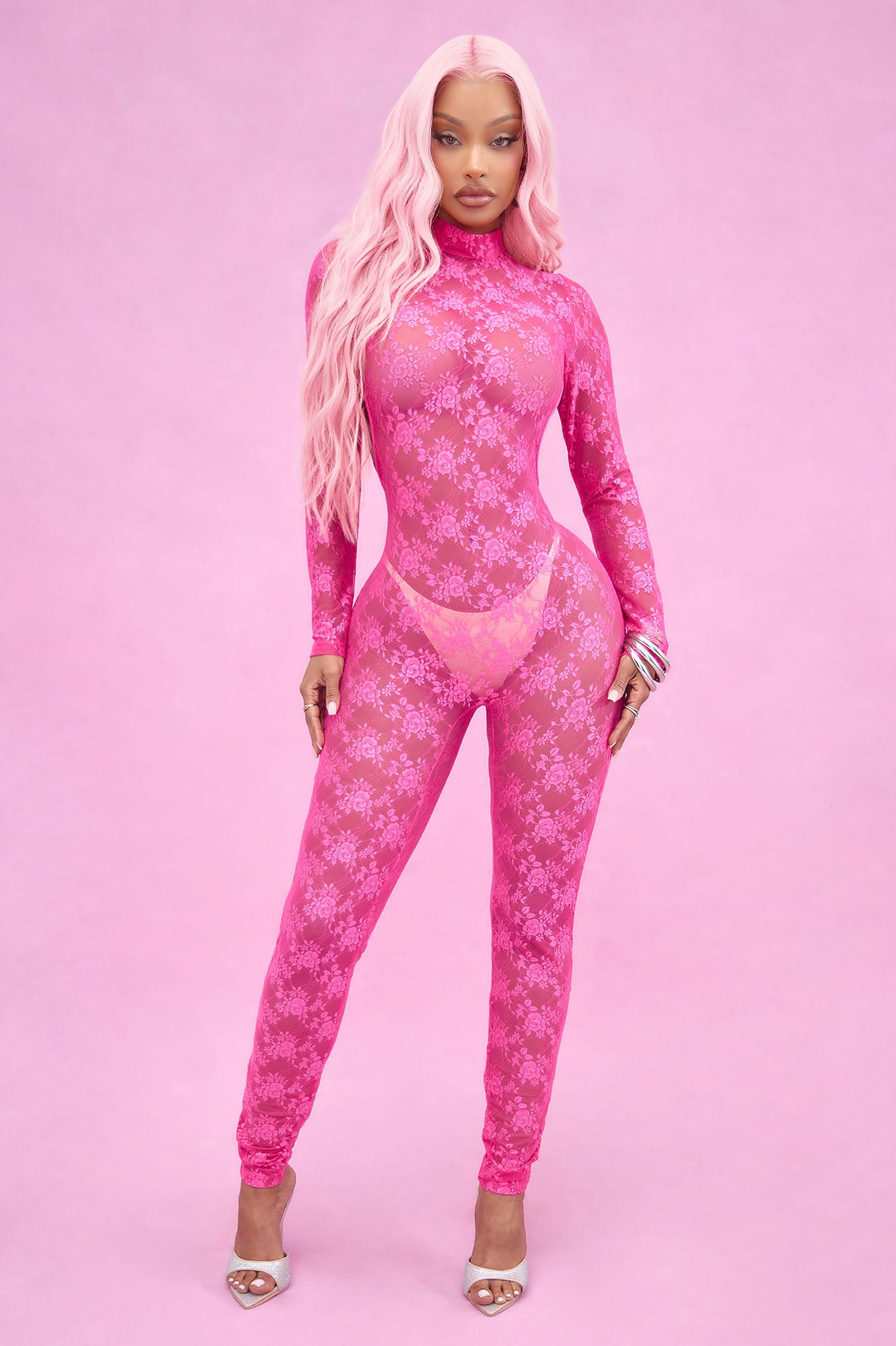 Only At Midnight Lace Jumpsuit Bodystocking - Hot Pink - Image 3