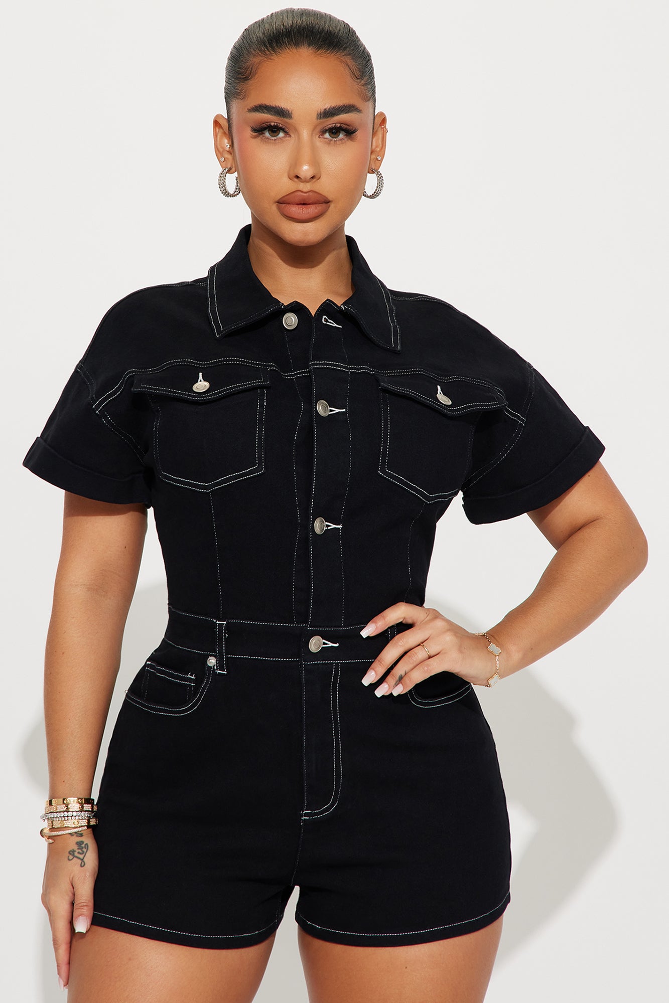 Talk To Me Denim Romper - Black/White - Image 3