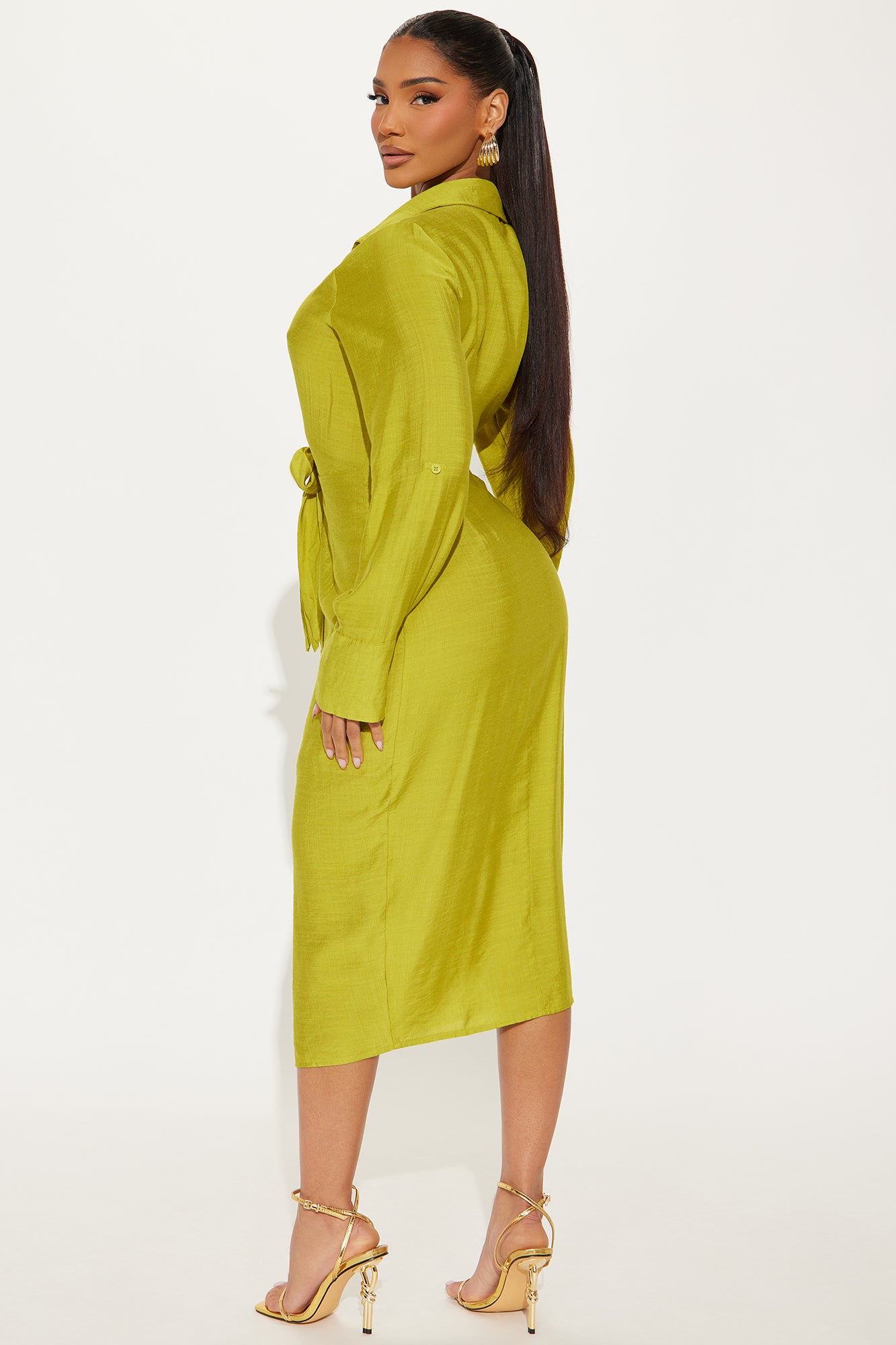 Board Meeting Linen Shirt Midi Dress - Chartreuse - Image 3