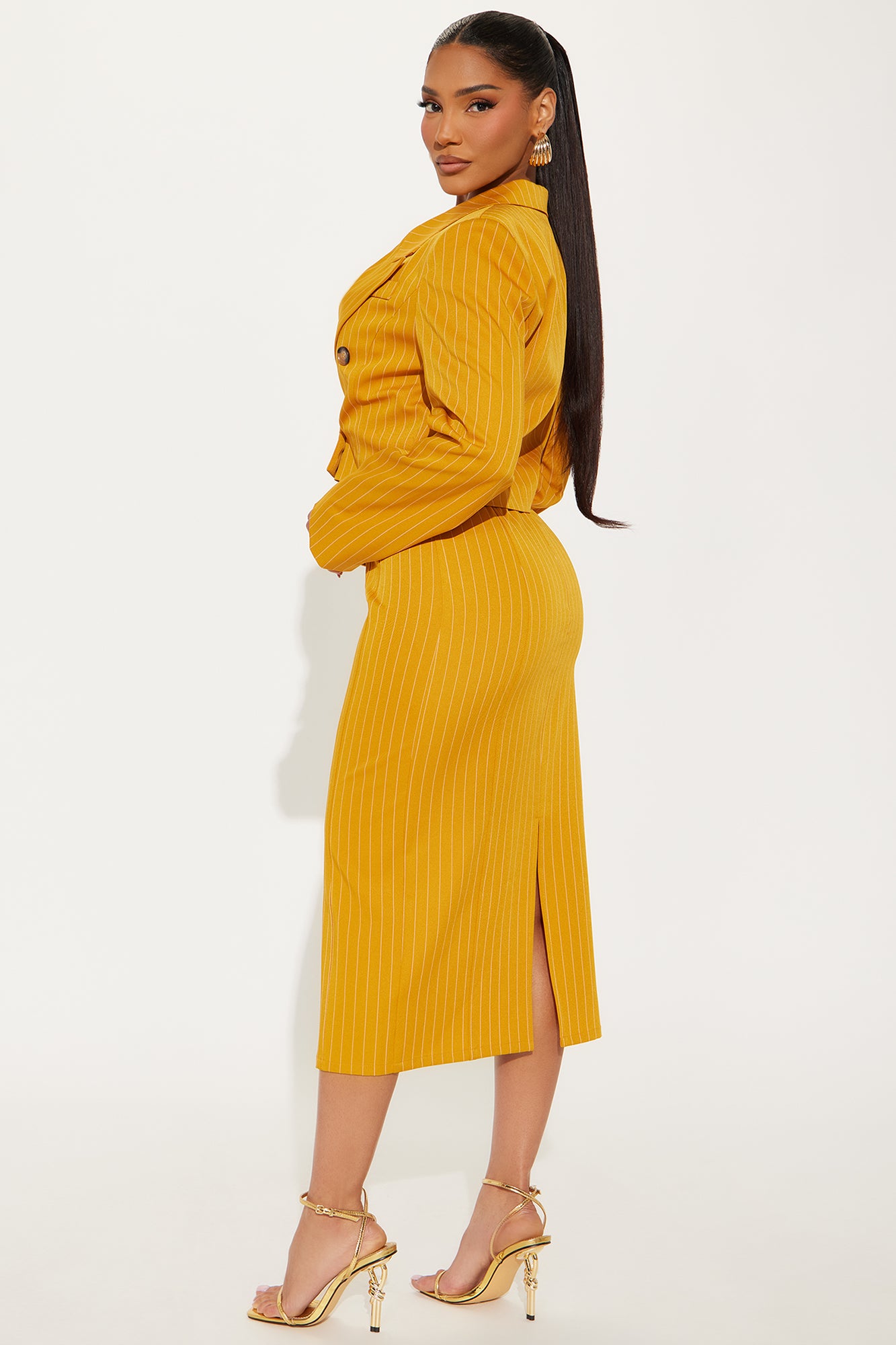 Win Me Over Pinstripe Midi Dress - Mustard - Image 4