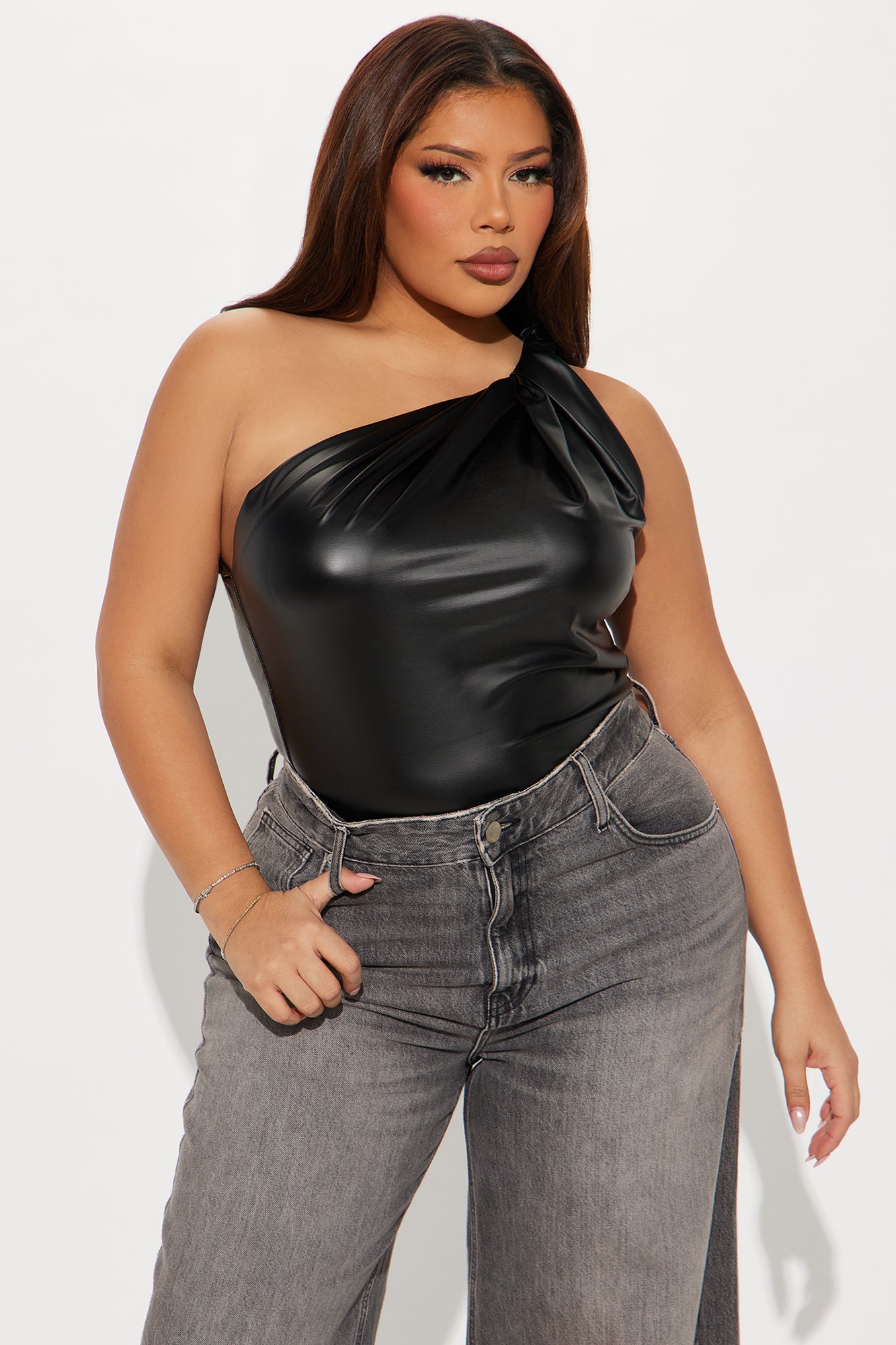 Fable Faux Leather One Shoulder Top - Black - Image 4