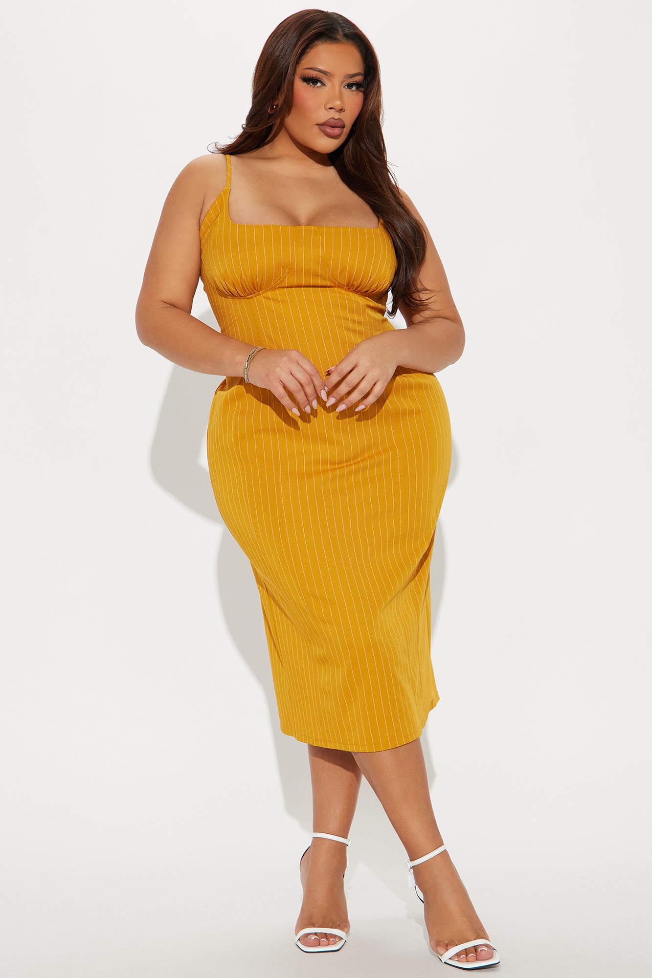 Win Me Over Pinstripe Midi Dress - Mustard - Image 7