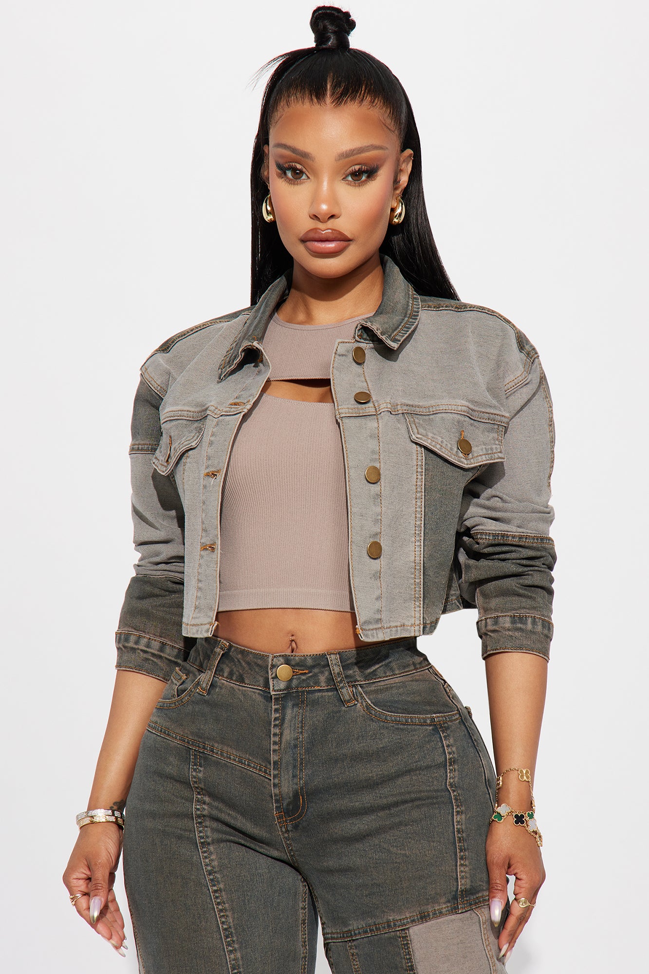 In Reverse Cropped Stretch Denim Jacket - Grey/combo - Image 3