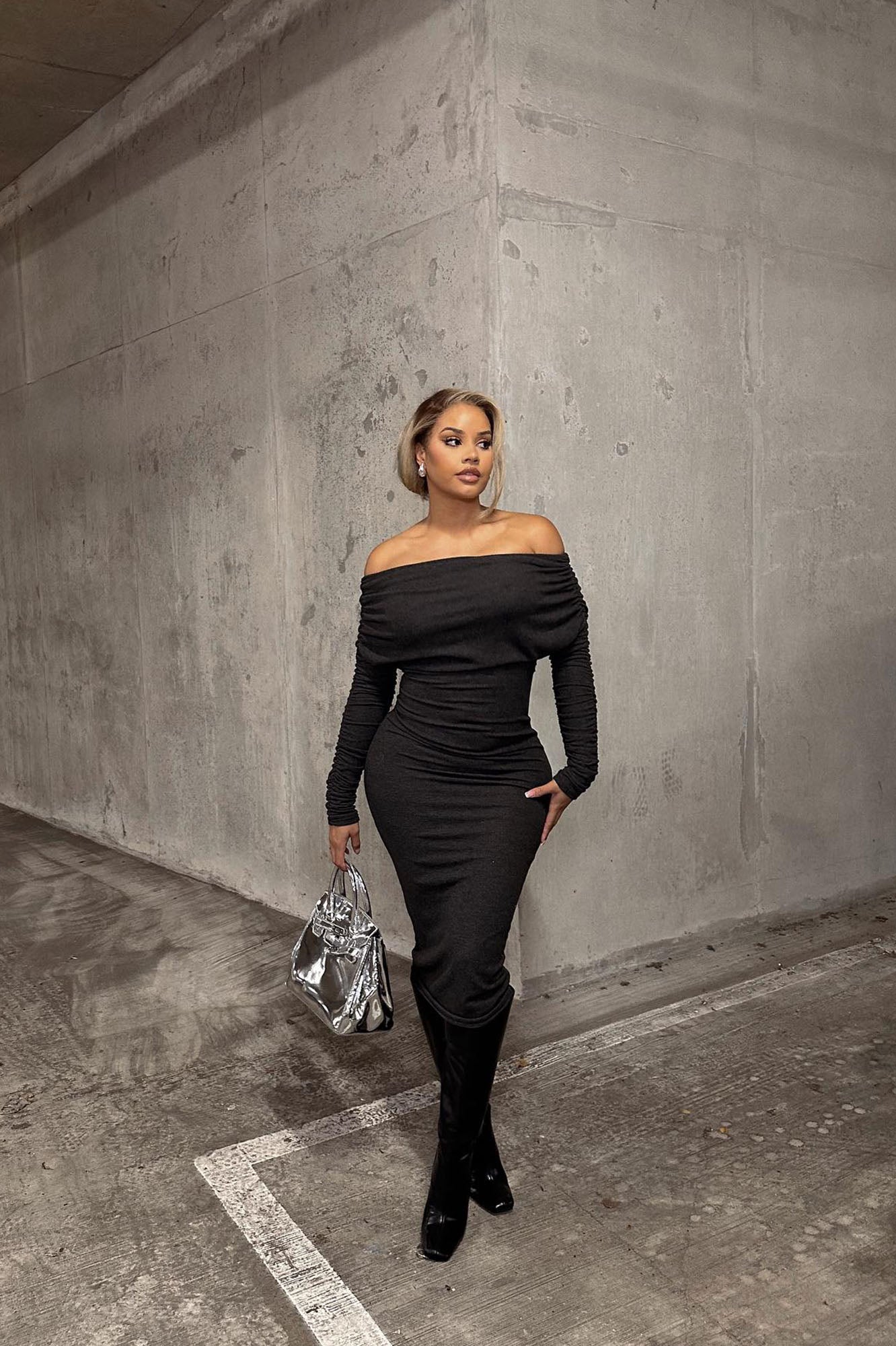 Yasmine Off Shoulder Sweater Maxi Dress - Charcoal - Image 4