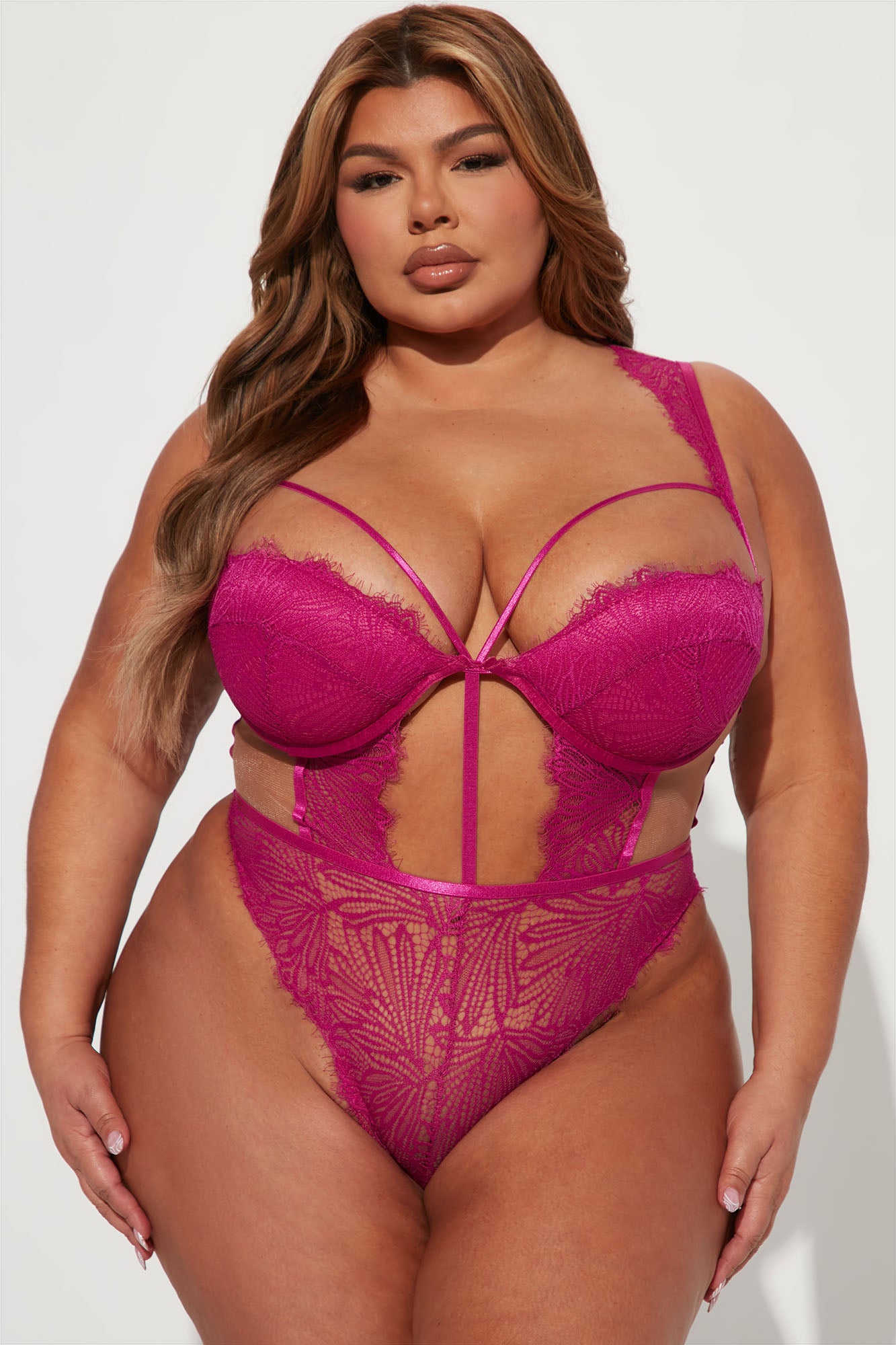 Soft Girl Lace Sheer Teddy - Fuchsia - Image 4