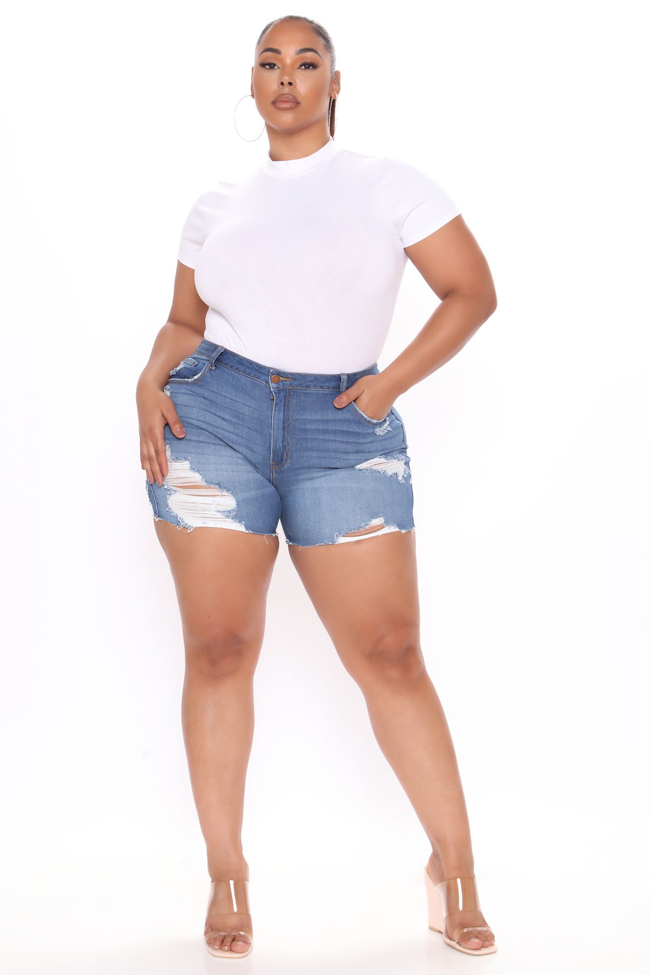 Guilty Pleasure Stretch Ripped Denim Shorts - Medium Blue Wash - Image 5